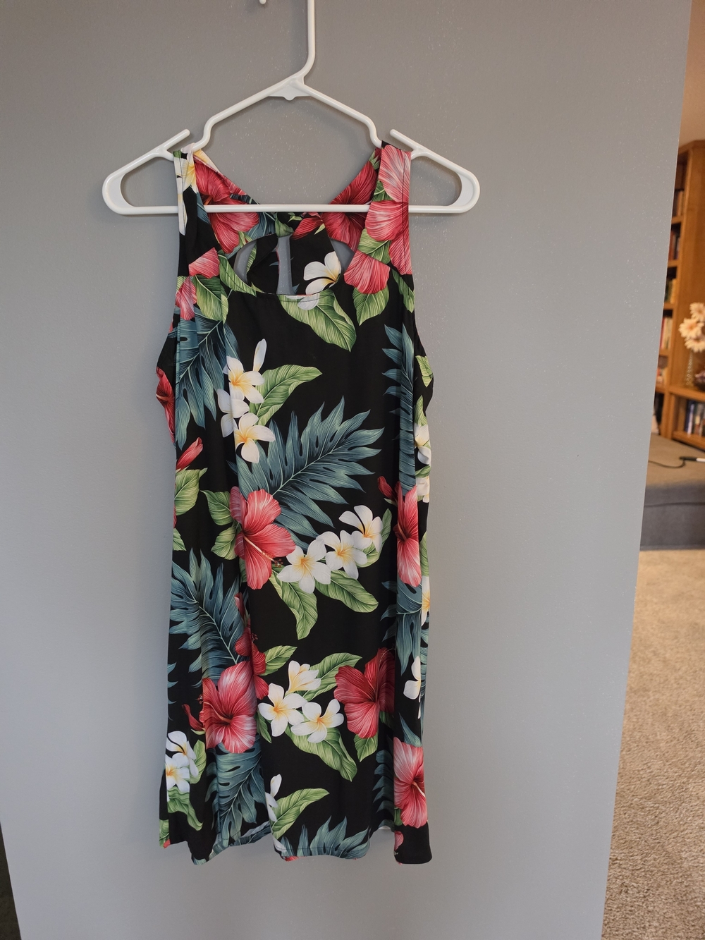 Black Floral Midi Dress with Pink Hibiscus